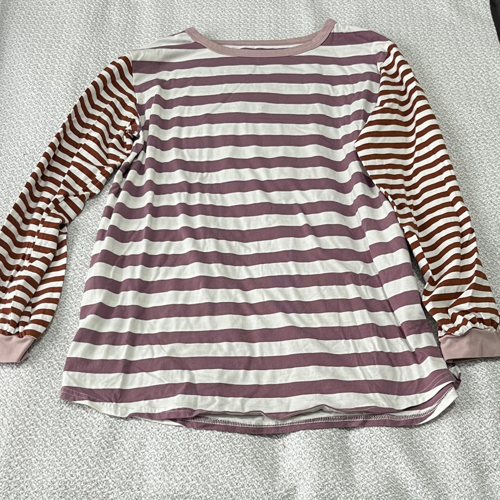 Striped Long Sleeve Top - Mauve & Brown